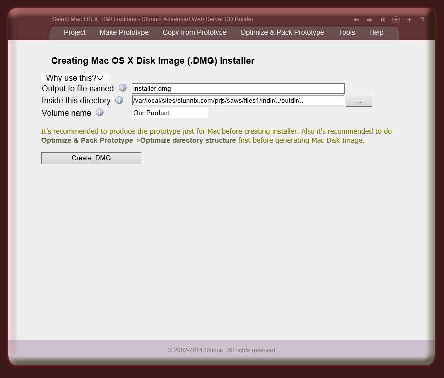 'Create disk image (.DMG file) for Mac OS X' tool