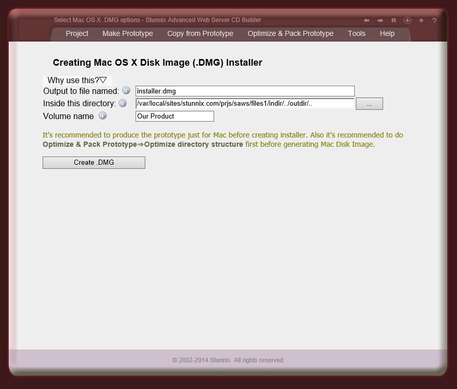 'Create disk image (.DMG file) for Mac OS X' tool 'Create disk image (.DMG file) for Mac OS X' tool