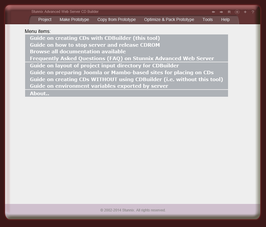 menu items in Help menu items in Help