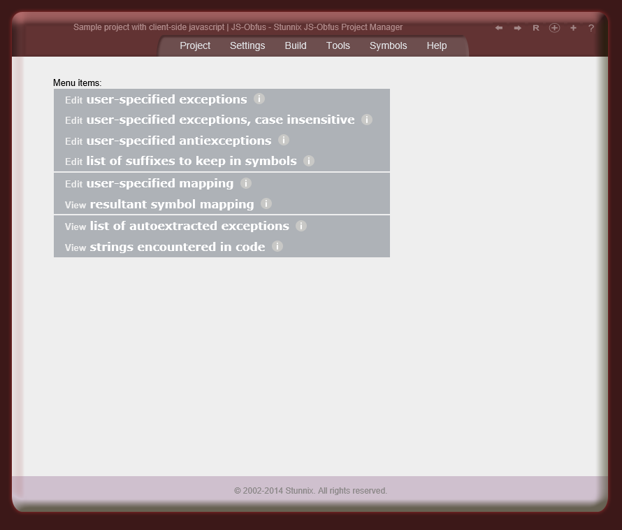 Menu items for Symbols menu Menu items for Symbols menu