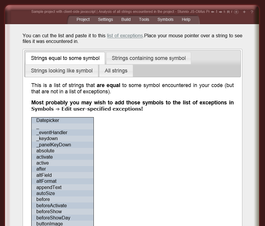 Inspecting list of strings encountered in the code