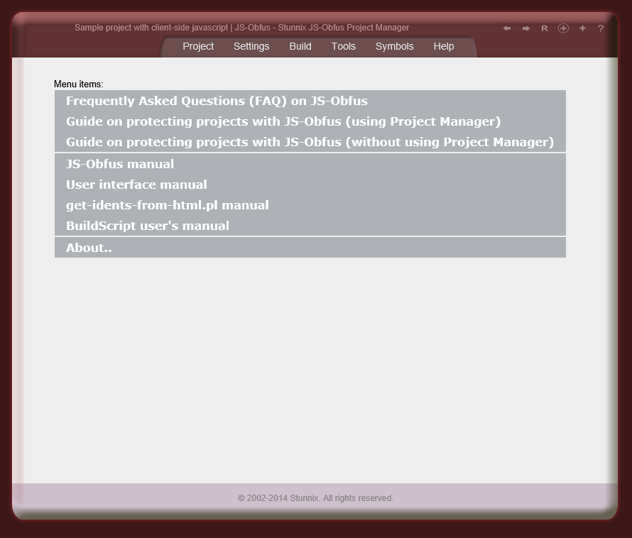 Menu items for Help menu Menu items for Help menu