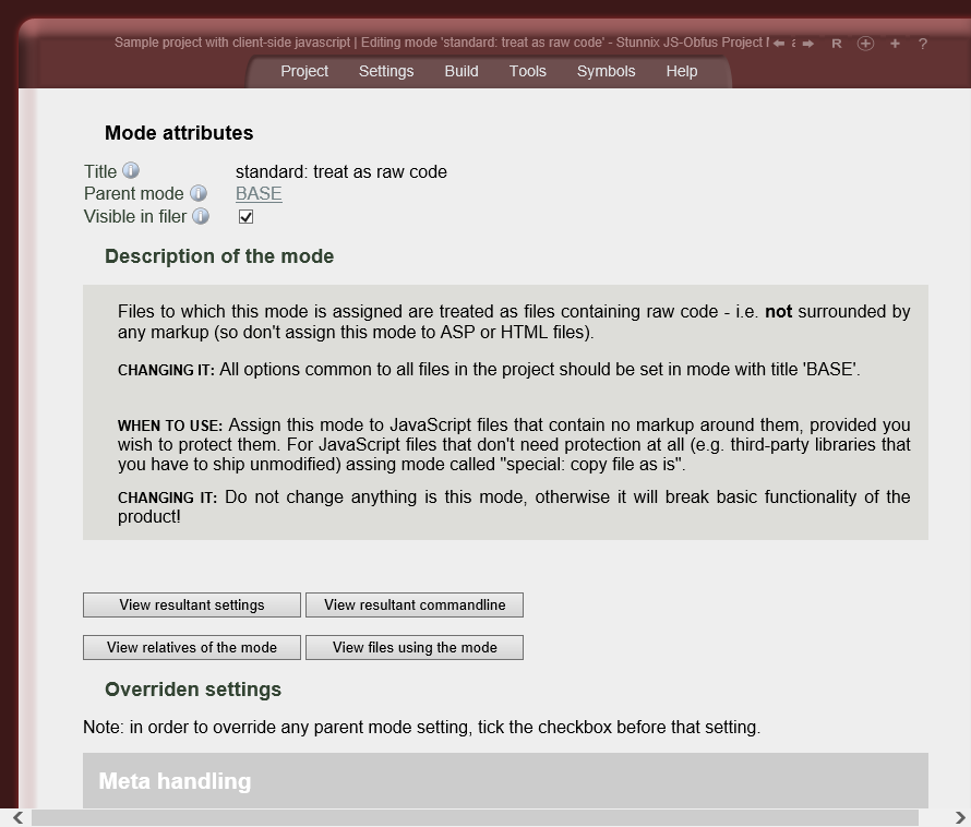 Editing settings for one of file processing modes Editing settings for one of file processing modes