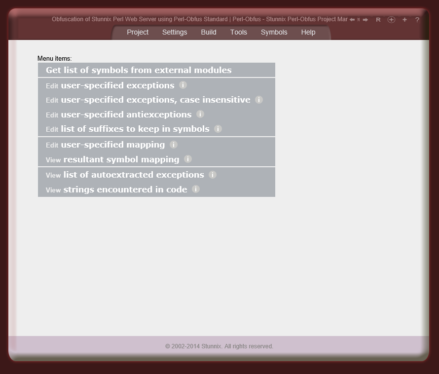 Menu items for Symbols menu Menu items for Symbols menu
